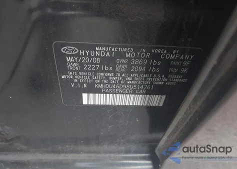 2008 Hyundai Elantra Gls/Se из США, поврежденный, VIN KMHDU46D98U514761